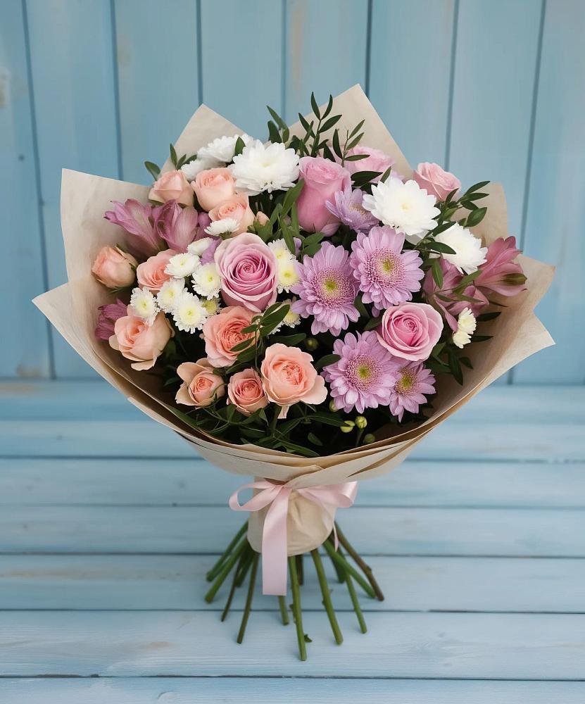 Букет цветов из: Хризантемы, Розы и Альстромерии в Толстяково