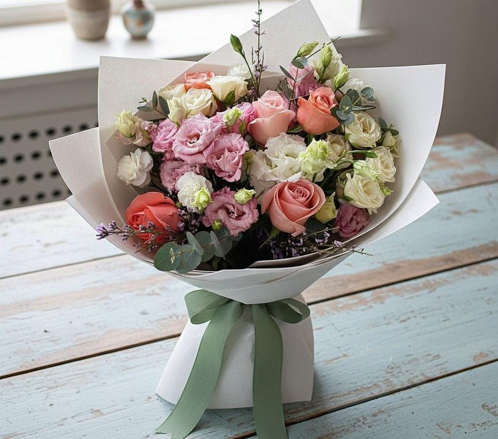 Букет цветов из: Розы, Лизиантусы и Гвоздики в Толстяково