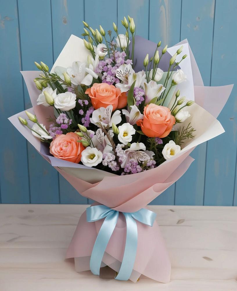 Букет цветов из: Лизиантусы, Розы, Альстромерии и Гипсофила в Толстяково