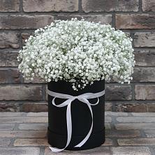 Цветочная композиция из Гипсофила в шляпной коробке в Толстяково