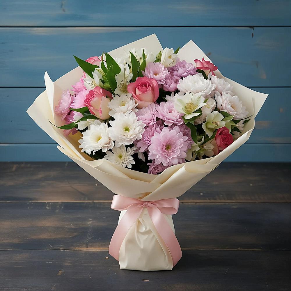 Букет цветов из: Хризантемы, Альстромерии и Розы в Толстяково